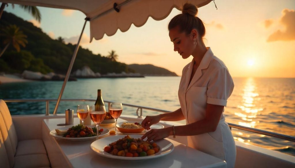 Female stewardess preparing food during female crew in yachting in the Caribbean.
